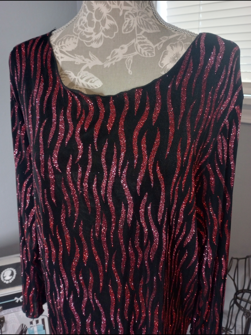 Black Tunic with Red and Pink Metallic Wave Stripes